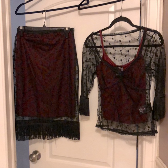 Vintage 1990”s set by “KING by JADE”. Lace top and skirt with burgundy liner. - Picture 1 of 16